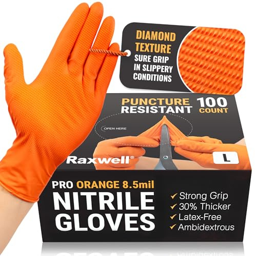Raxwell Powder-Free Nitrile Gloves - Latex-Free Disposable Protection for Sensitive Skin - Diamond-Texture Work Grip - Puncture-Resistant Heavy-Duty Mechanic Gloves - Large, Orange, 100ct, 8.5mil