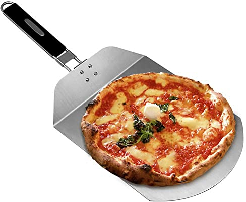 BAKAJI Pala per Pizza con Manico Pieghevole, Paletta Acciaio Inox per Pizze, Dolci, Torte, Resistente alle Alte Temperature, Dimensioni 24x24cm, Spatola Impugnatura Antiscivolo Salvaspazio Ergonomica