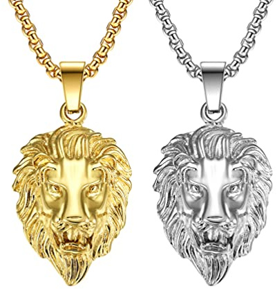 Liitata 2 piezas de colgante de cabeza de león collar collar rock gótico punk hip hop cadena para hombres – oro plata