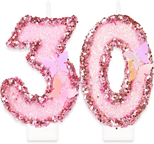 Velas Números 30 Cumpleaños, Mariposa Velas de Cumpleaños, Rosa Lentejuelas Decoración para Tartas Numeros Velas para Cumpleaños Boda Aniversario Graduación Fiesta