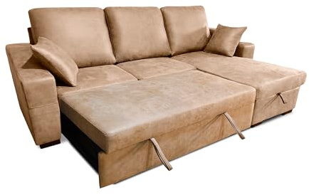 duehome | Sofá Cama 3 Plazas Reversible y con Almacenaje, Sofa con Chaiselong, Modelo Edna, Acabado en Tejido Color Piedra, Medidas: 248 cm (Largo) x 95 cm (Alto) x 82-153 cm (Fondo)