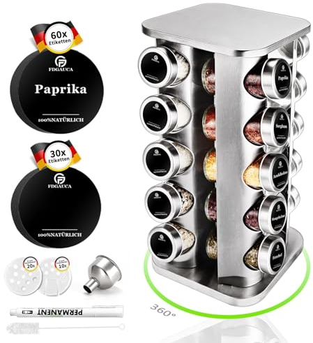 SAEIV Rotation Gewürzregal Stehend | Gewürze drehteller organizer | 20 100ml-Gewürzgläser | Fünflagig Gewürzregale Drehbar | Deutsch Gewürzetiketten | Küche Regal | Gewürz Organizer