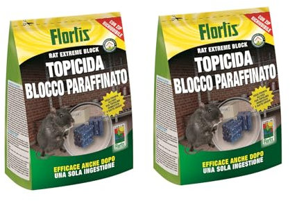 Flortis Topicida Blocco Paraffinato. Kit 2 unità di topicida. Veleno per topi da 300g. Esca per topi pronto uso di veleno topi. Veleno ratticida per uso domestico. Esca topi uso esterno/interno.