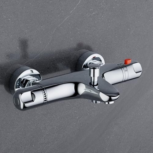 DEPTUNA Badewannenarmatur mit Thermostat,Duscharmatur mit Thermostat aus Messing,Mischbatterie Dusche mit Thermostat,Chrom,Messing