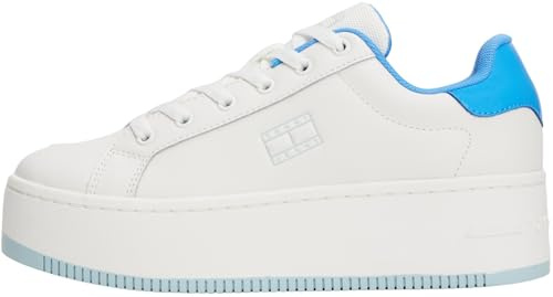 Tommy Jeans Donna Sneakers con Suola Alta in Pelle, Multicolore (Ecru/Copenhagen Blue), 36