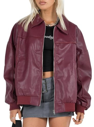 ZZEVOLSS Women Oversized Leather Jacket Zip Up Motorcycle Bomber Coats Faux Pu Leather Moto Jacket Trendy Fall Winter Outwear, Burgundy, S