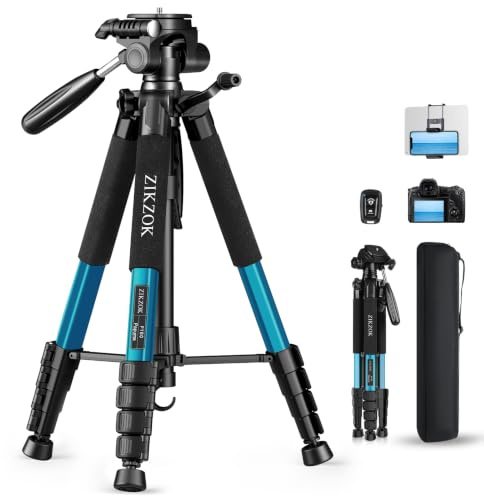 75 Heavy Duty Camera Tripod Stand with Bluetooth Remote - Max Load 15LB, Aluminum Travel Tripod for DSLR/Phone/Tablet/Projector, 3-Way Pan Head & Quick Release Plate, Compact Foldable Design (Blue)