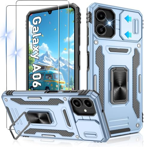 Jshru for Samsung A06 Phone Case with Screen Protector | Camera Protective Cover | Ring Stand,Shockproof Bumper Phone Cover for Samsung Galaxy A06 4G,Light Blue