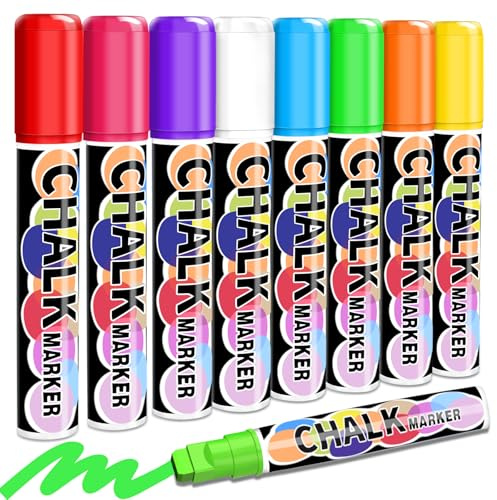 Keukenket Lot de 8 marqueurs à craie de couleurs lavables pour tableau noir, marqueur de fenêtre avec pointe réversible de 10 mm, marqueurs à craie pour fenêtres, verre, vitres de voiture, pierres