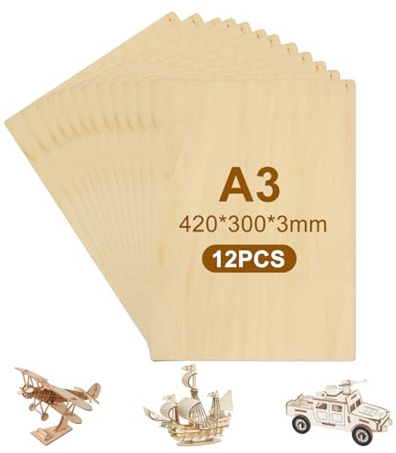 12 láminas de madera contrachapada de 3 mm A3 (420 x 300 mm x 3 mm), madera contrachapada de abedul para láser y CNC, cortador láser ideal para modelismo, manualidades y diseño, superficie lisa