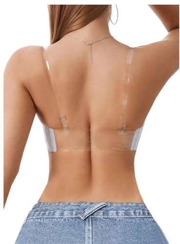 SHENHE Women's Halter Bra Lace Strapless Clear Strap Push Up Padded Bra Convertible Multiway Bralette White 36D