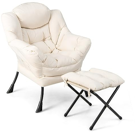 COSTWAY Armchair Accent Chair, Fabric Upholstered Lounge Armchair Leisure Reading Chair with Side Pocket, Metal Frame Comfy Seat Lazy Sofa Chairs for Living Room Bedroom (with Footstool, Beige)