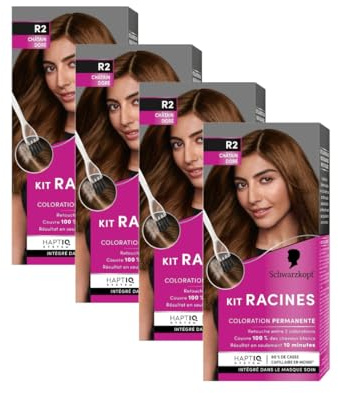 Shwarzkopf - Kit Racines - Coloration Racines Cheveux Permanente - Enrichie d’une huile nourrissante - Couverture Cheveux Blancs - Retouche entre 2 Colorations - Châtain Doré R2 - Lot de 4