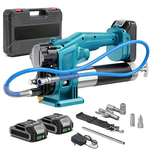 LIROPAU Akku Fettpresse, 10000 PSI Fettpresse Batteriebetrieben Elektrische Fettpresse mit 4,6 oz/min, 2 Akkus, Bürstenlose Fettpresse, 39,4 Zoll Langer Schlauch, 90-Grad-Winkelstück und 3 Düsen
