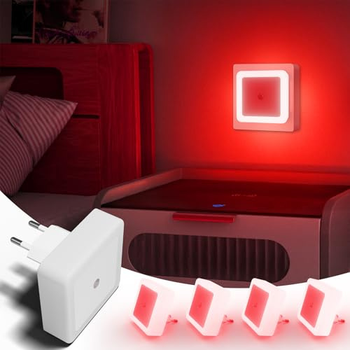 4PCS Luz Nocturna Infantil Enchufable, Luz Bebé Nocturna y Lámpara Bebé Noche con Sensor Crepuscular, Melatonina Luz Roja Nocturna LED 0,5W, Luz de Noche para Niños, Pasillo, Escalera y Dormitorio