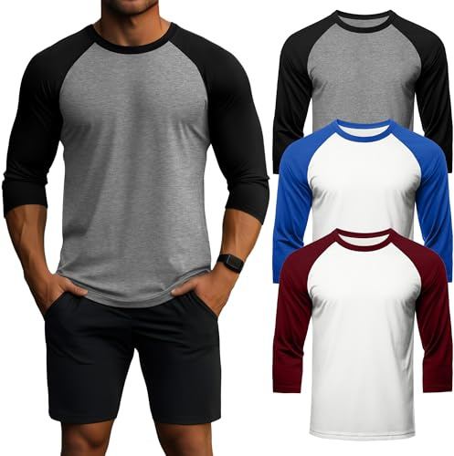 Geyoga Lot De 3 T-Shirts pour Homme À Manches 3/4, Col Rond, Style Baseball, Respirants Et Sportifs