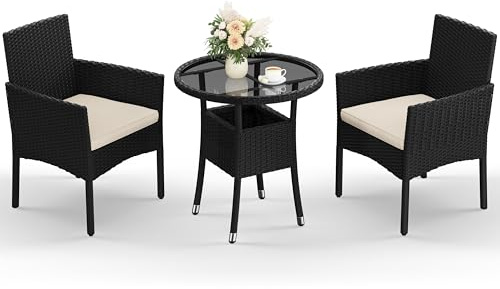 Yaheetech 3-Piece PE Rattan Conversation Set with Side Table, Black/Beige | Woven Rattan Chairs with Cushions | Tempered-Glass Side Table | For Bistro, Porch, Garden, Courtyard and Deck Areas