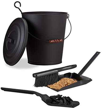 Relaxdays 3 TLG. Kaminreinigungs-Set, Ascheeimer mit Deckel, Kohlenschaufel flach, Kehrgarnitur Stahl, 24 Liter, Henkel, schwarz