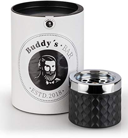 Buddy's Bar - Posacenere Antivento Romeo, posacenere di Alta qualità in Vetro con Chiusura a baionetta, Metallo Cromato Effetto Vetro Smerigliato, 9,5 cm x 9,5 cm x 8 cm Nero Opaco