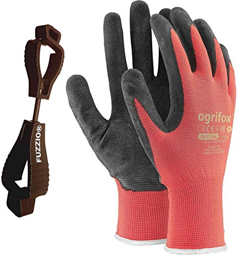 FUZZIO 24 Paar Arbeitshandschuhe Herren Gr 10, Mechaniker Handschuhe Rot, Gartenhandschuhe Herren, Arbeitshandschuhe Damen, Montagehandschuhe Herren, Latex Beschichtung mit Handschuhclip