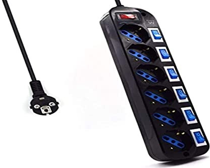 Ewent EW3851 Multipresa Elettrica a 6 Posti ITA/Schuko indipendenti su Ogni Presa e Interruttore Generale, Schuko 16A, 2500W, Nera