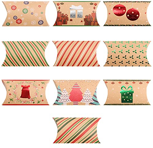 Belle Vous Kissenschachteln Adventskalender (50 Stk) - 10 Kraftpapier Geschenkboxen Weihnachten Muster - 11 x 7 cm - Adventskalender zum Selber Befüllen, Gastgeschenk-, Schmuck- & Pralinenschachteln
