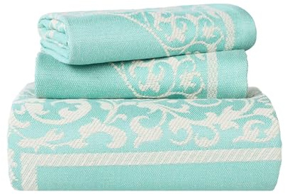 SUPERIOR Cotton Blend Bedspread Set, Includes Oversized Bedspread and 2 Matching Pillow Shams, Light Weight Blanket, Bedding Decor, Jacquard Vintage Floral Mandala, Lyron Collection - Queen, Turquoise