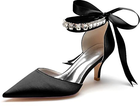 Women Low Kitten Heel Ankle Strap Dress Pumps Closed Toe Satin Rhinestones Wedding Party Bridal Court Shoes 6869-15KS,Black,6.5 UK