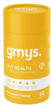 gmys Gut Health Probiotic Chewable Gummies for Adults - Pineapple Flavoured Digestive Support with 2.5 Billion Cultures, Vitamins B3, B5, B6 & C - Natural Ingredients - 60 Probiotic Gut Gummies