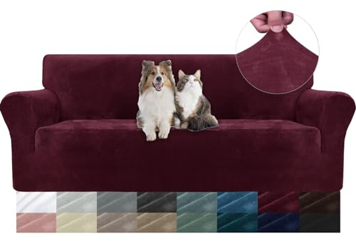 YSTELLAA Copridivano Velluto 3 Posti con Braccioli, Copridivani AntiGraffio Gatto, Fuzzy Copri Divano Elasticizzato Elastico, Universale Sofa Cover Antimacchia Lavabile Antiscivolo, Bordeaux