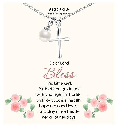 AGRPELS Sterling Silver Cross Necklace for Girls - First Communion, Baptism, Confirmation Gifts for Teenage Girl, Little Girls Jewellery with Pearl, Easter Gifts for Godchild