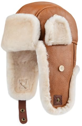 Harssidanzar Cappello da Aviatore in Pelle per Uomo e Donna Cappello Invernale in Pelle di Agnello Shearling Cappello da Trapper con copriorecchie CU603EU, Cognac, Taglia S