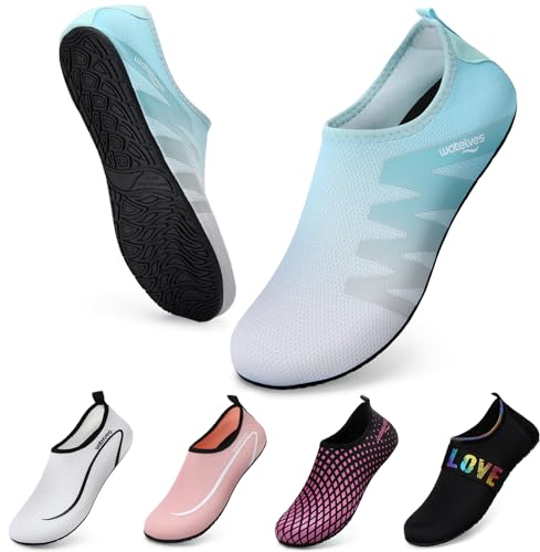 Swim Water Shoes Aqua Socks Barefoot for Sea Beach Swimming Shoes Pool Ladies Women Mens Gray Blue 6/7 UK
