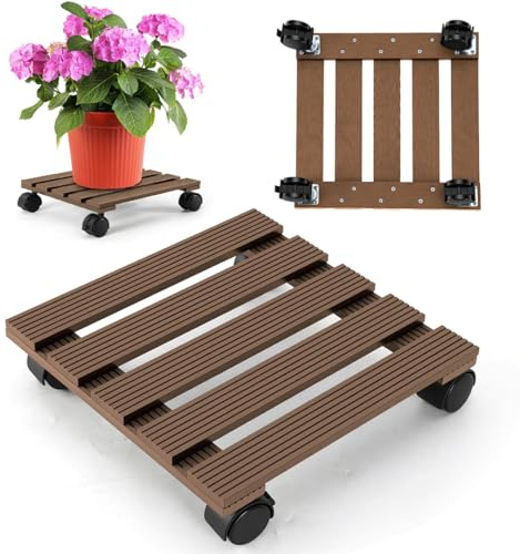 Ikodm 1X Support à roulettes pour plantes WPC carré 30 x 30 cm｜Support à roulettes pour fleurs avec roulettes, dessous-de-pot à roulettes capacité de charge 80 kg｜Support à roulettes pour bacs à