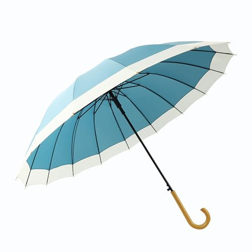 ThreeH Large Stick Umbrella 48 Inch with Wood Hook Handle Automatic Opened for Men and Women Strong 16 Ribs Windproof Umbrellas for Rain,Blue