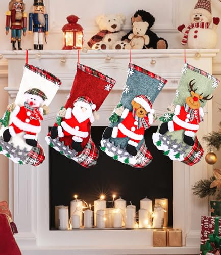 SOBEAU Weihnachsstrumpf,Nikolausstrumpf 4er Set,Weihnachtsstrumpfdekoration, Kann Geschenke Speichern, Kann an Kaminen Aufgehängt Werden, Weihnachtsbäume