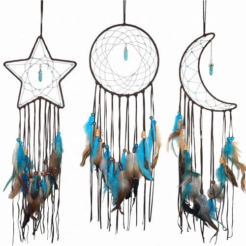 Acchiappasogni a forma di stella, luna, sole, decorazione per la casa e accessorio per la camera dei bambini, acchiappasogni con decorazione a piuma, ciondolo da parete unico per la casa (marrone)