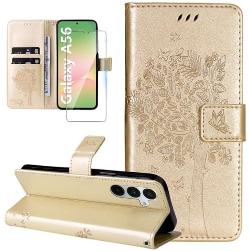 Dcjlbo Cover per Samsung Galaxy A56 5G Custodia Cover in Pelle Portafoglio a Libro con Pellicola Vetro Temperato Porta Carte Cover Flip Case Cuoio Antiurto Custodia per Samsung A56 5G-Oro