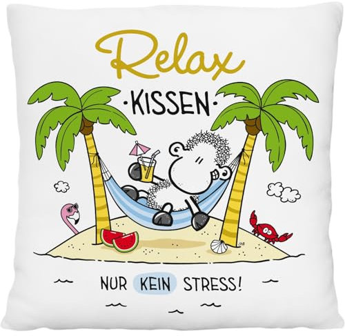 Sheepworld Plüschkissen mit Spruch Relax | kleines Zierkissen, 25 cm x 25 cm, 100% Polyester | Geschenk, Dekoartikel | 74132