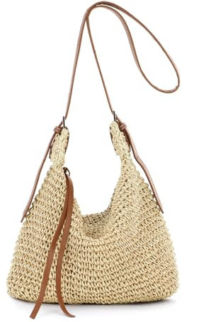 EVEOUT Stroh Umhängetasche Damen Sommer Leicht Gewebte Raffia Crossbody Tasche Lässige Boho Crossbody Strohtasche für Strand Urlaub Alltag