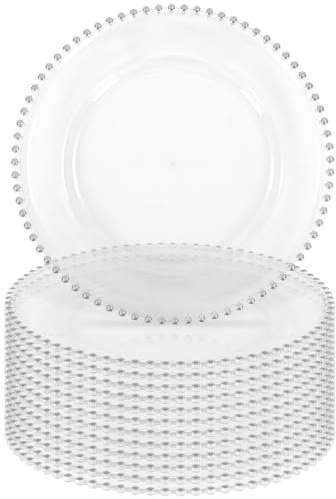 12 Pack Clear Acrylic Round Charger Plates With Silver Beaded Rim, 13 Inch Plate Chargers for Dinner, Plastic Decorative Plates for Wedding, Party, Event Decoration, Tabletop Decor (Silver)