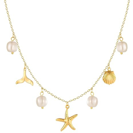TONAUP Collier à Breloques pour Femmes, Collier à Breloques de Plage Perles Étoile de Mer Coquillage en Or pour Femmes et Filles