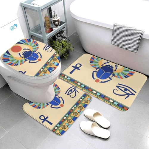 Bathroom Mat Sets 3 Piece Egyptian Scarab U Shape Wc Toilet Rug Novelty Soft Contour Rug Set, For Floor Tub, Bedroom, Outdoor