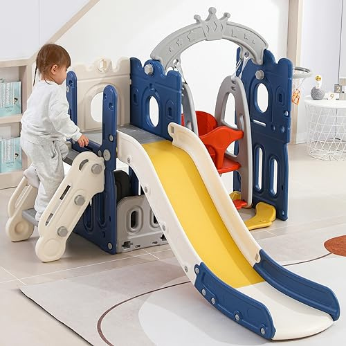 TDRTRD Toboggan pour Enfant 5 en 1 avec Panier de Basket, Enfant Balançoire Toboggans autoportant, Toboggan Intérieur et Extérieur avec Échelles D’Escalade, Espace de Rangement,157x150x120cm