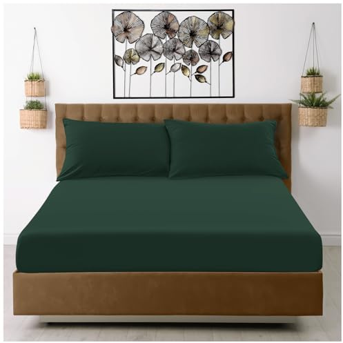 GC GAVENO CAVAILIA Plain Single Fitted Sheet - Breathable Soft Polyester Fabric - 38cm Deep Fitted Single Sheet - Easy Care & Fade Resistant Bottom Bed Sheets (91x190 cm) - Dark Green