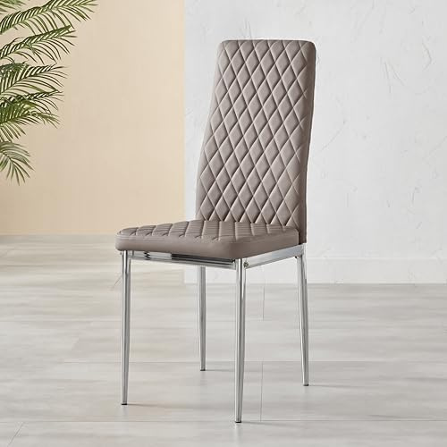 Furniturebox UK Milan Dining Chair - Set of 4 or 6 Dining Chairs - Premium Dining Room Chairs - Contemporary & Luxurious Chrome Hatched Diamond Faux Leather Dining Seats (4x Cappuccino Grey Chairs)