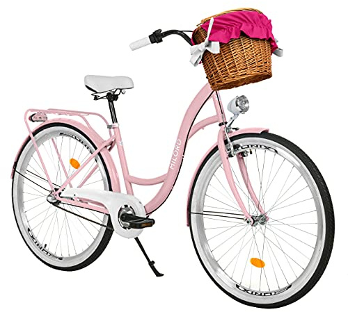 MILORD Bicicleta de Confort Rosa de 3 Velocidad y 28 Pulgadas con Cesta y Soporte Trasero, Bicicleta Holandesa, Bicicleta para Mujer, Bicicleta Urbana, Retro, Vintage