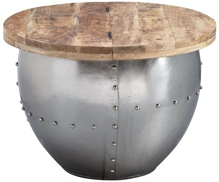 Wohnling Couchtisch Mango Massivholz/Metall 60x43x60 cm Industrial Style Rund, Design Wohnzimmertisch mit Stauraum, Moderner Loungetisch Sofatisch Silber