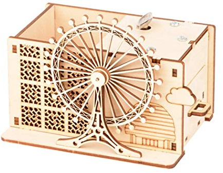 Hometu Handmade Craft Wooden Pencil Holder - 3D Assembly Puzzle Clockwork Music Box - DIY Pen Holder with Ferris Wheel Decor