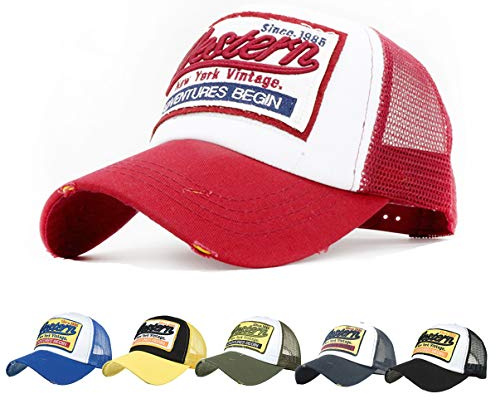 CheChury Cap Summer Half Mesh Hats for Men Women Embroidered Baseball Cap Casual Hats Hip Hop Trucker Caps Washed Cap,One Size,Red